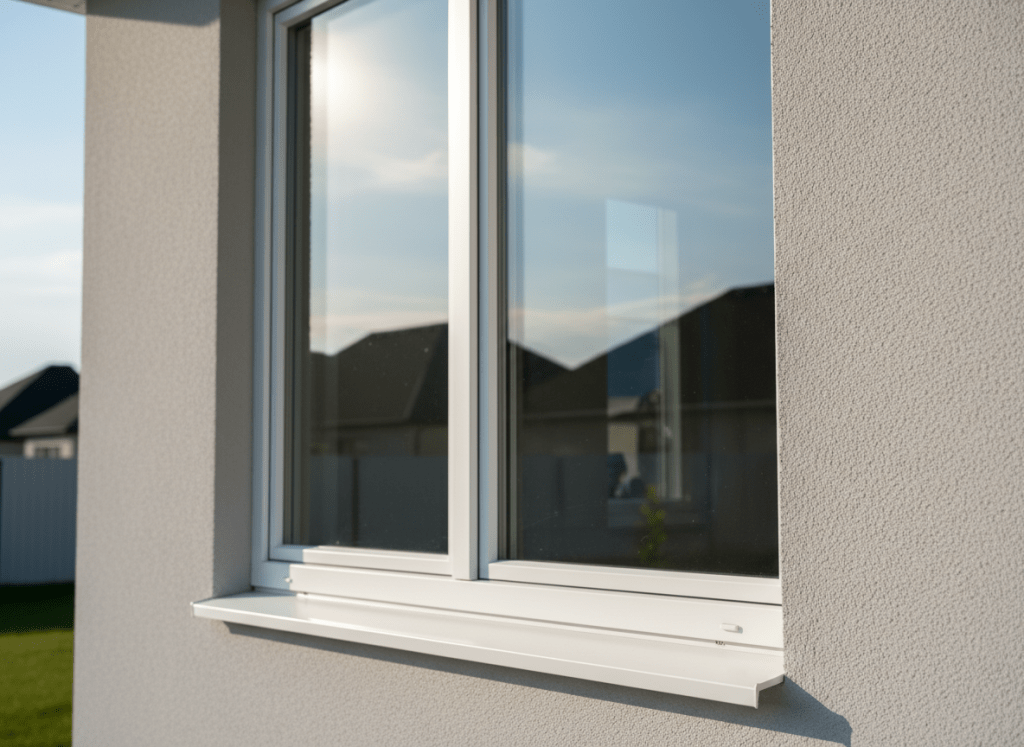 A close-up view of a high-end double-glazed window installed in a modern home exterior, with sleek white vinyl frames and crystal-clear glass panels showing subtle reflections of a blue sky and tidy suburban rooftops. The window is set into a smooth light-gray stucco wall with perfectly sealed edges emphasizing craftsmanship. Late afternoon natural light illuminates the frame, creating gentle highlights along the edges and soft shadows beneath the sill. Photographic realism, captured at eye level with a slight angle to reveal the window’s depth, sharp focus throughout. The atmosphere is clean, trustworthy, and professional, reinforcing reliability and quality construction, with a minimalist, uncluttered background that keeps all attention on the precision of the window installation.